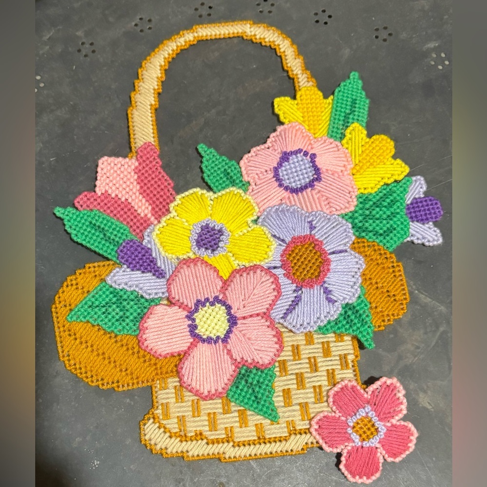 Vintage needlepoint plastic flower basket
